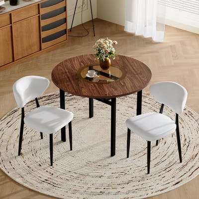 MODENUIT Eettafelset 100 cm - Ronde Tafel Met Glasinzet En 2 Stoelen - Voor Eetkamer En Keuken - MDF, PU - Bruin Wit