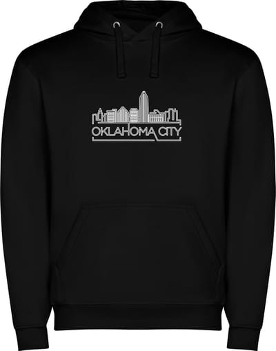Zwarte unisex hoodie met “ Skyline Oklahoma City – Vakantiegevoel – Strak – Modern “ Print Full Color Color merk Roly maat S