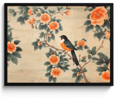 Poster in lijst - Fotolijst 70x50 cm - Posters - Vogel - Tak - Bloemen - Oranje - Posterlijst zwart - Decoratie - Wanddecoratie woonkamer - Muurdecoratie slaapkamer
