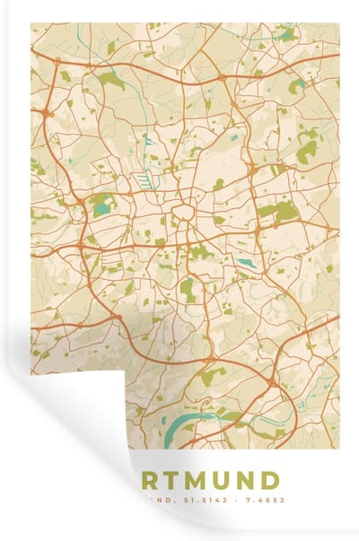 Muurstickers - Sticker Folie - Plattegrond - Dortmund - Stadskaart - Vintage - Kaart - 20x30 cm - Plakfolie - Muurstickers Kinderkamer - Zelfklevend Behang - Zelfklevend behangpapier - Stickerfolie