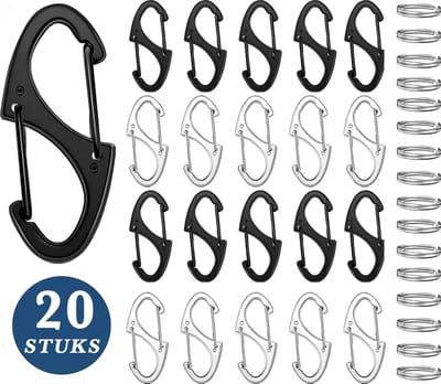20 Stuks Dubbele Opening Karabijnhaak Sleutelhangers met 20 Sleutelringen - Musketonhaak voor Volwassenen - Mini Musketon - Auto Klein Carabiner Sleutel Hanger, Houder - S Karabijn haken - Keychain Karabijnsluiting - Veilig Ophanghaken -Keukenhaakjes