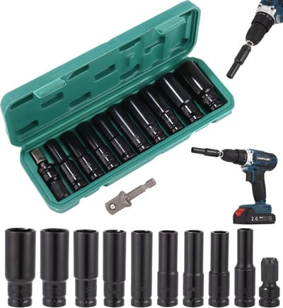 11-Delige Slagsleutel Set met 1/2 Inch Dopsleuteladapter en Verlengstuk voor Auto Reparatie en Banden Wissel
