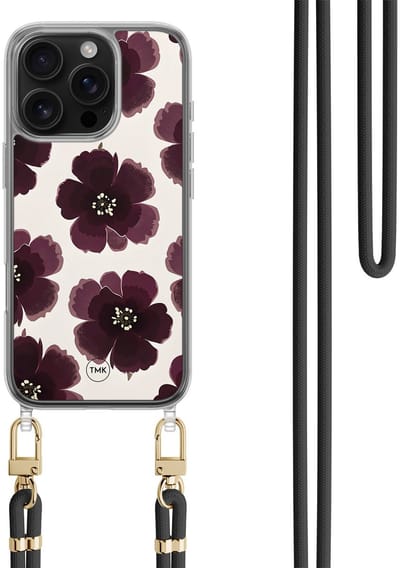 Casevibes - Telefoonhoesje met koord - Geschikt voor Apple iPhone 16 Pro - Burgundy flowers - Paars - Bloemen