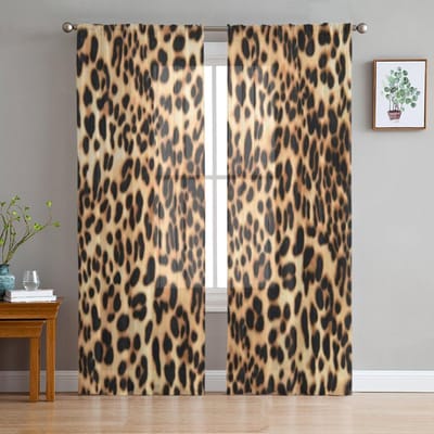 Dierenprint Luipaard Textuur Chiffon Transparante Gordijnen Voor Woonkamer Slaapkamer Decoratie Raam Tule Gordijnen Drapes 135W x 114H(cm) black