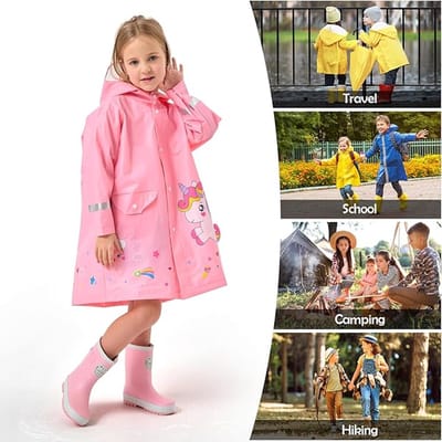 Regenjas, lichte kinderregenjas, waterdichte transparante hoedrand, verbreden, reflecterend design, regenponcho met capuchon , roze , Maat 104-110