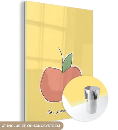 MuchoWow® Glasschilderij 120x160 cm - Schilderij acrylglas - Appel - Fruit - Tekst - Foto op glas - Schilderijen
