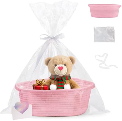 Mand, 1 stuk katoenen touw geweven mand voor geschenken, geschenkmand, gevlochten mand van katoen met handvat, met cadeauzakjes en linten, voor feestjes, verjaardagen, bruiloft, roze