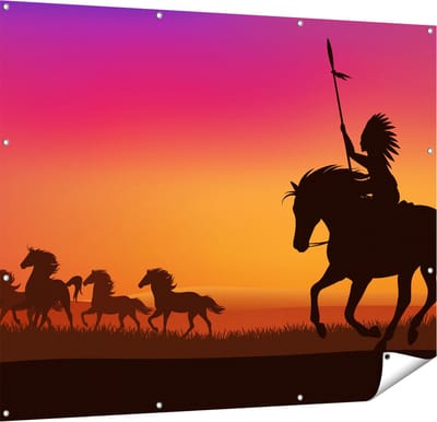 Gards Tuinposter Silhouet van een Indiaan op een Paard - 150x120 cm - Tuindoek - Tuindecoratie - Wanddecoratie buiten - Tuinschilderij