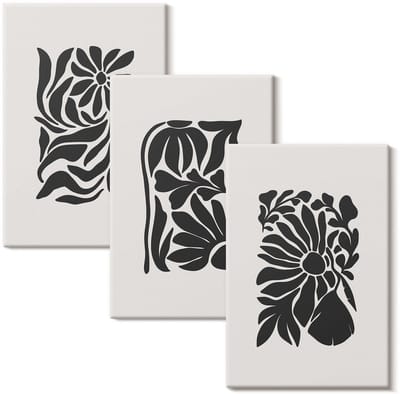 Wallfluent Set van canvas schilderijen - Abstracte plantenpatronen in tinten zwart Canvas Schilderijen Set - set 3 stuks 20x30 cm - Zwart en wit Set van Canvas Prints - Natuur Canvas Kunst Set - Boheemse Canvas Kunst Set