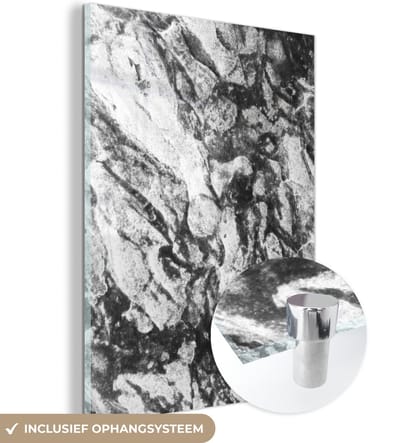 Glasschilderij zwart wit - Zwart - Wit - Graniet - Stenen - 120x160 cm - Foto op glas - Slaapkamer decoratie
