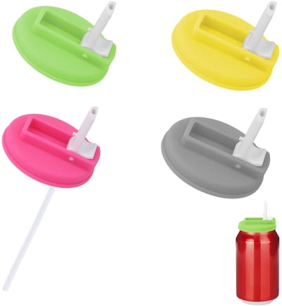 Dailygoods- Deksel 5 cm - Dekselhouder - Herbruikbaar - Silicone/Plastic - Set van 4 - Inclusief 8 Rietjes - Blikdeksel
