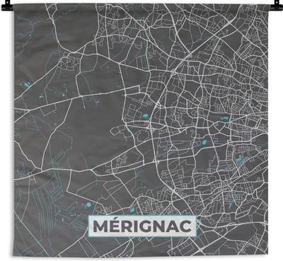 Wandkleed - Wanddoek - Mérignac - Frankrijk - Kaart - Plattegrond - Stadskaart - 180x180 cm - Wandtapijt
