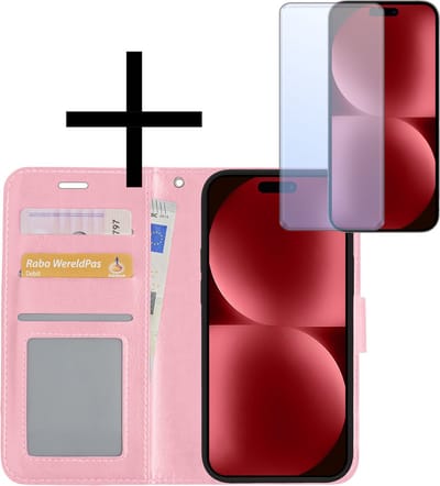 Hoesje - Met Screenprotector - Geschikt voor Apple iPhone 15 - Luxe Pasjeshouder - Bookcase Portemonee - Flip Case - Kunstleer Book Case - Flipcase - Book Cover - Walletcase - Portemonneehoes - Lichtroze