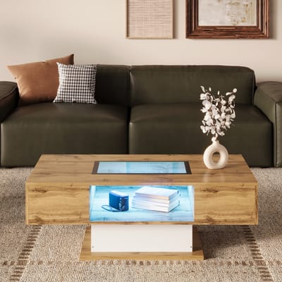 Wishdor Salontafel met instelbare LED-verlichting, glazen blad en twee lades – wildeiken-look met witte accenten