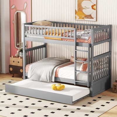DESMIU Driepersoons Stapelbed 90x200 cm Zonder Matras, Uittrekbed Met Afneembare Onderbouw En Opbergruimte, Voor Kinderkamer En Logeerkamer, Grenenhout En MDF, Grijs
