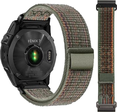 Stravo - Groen/Oranje - Haak & Lus Sport Nylon Vervangende Horlogebandje - Ademend & Lichtgewicht Nylon bandje - 22mm QuickFit - Voor Garmin Fenix 5 (Plus) - Fenix 6 (Pro) - Fenix 7 (Pro - Sapphire - Solar) / Fenix 8 - 47mm / Fenix E