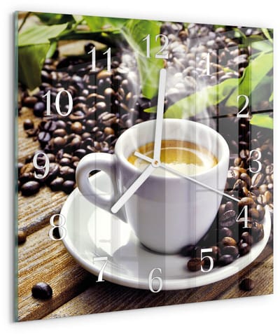 Tulup Wandklok - Kopje koffie Decoratieve Glazen Klok - 30x30 cm - Veelkleurig Glazen Wandklok Design - Witte Handen - Vierkante Wandklok - Decoratieve Glazen Klok - Glazen Wandklok Design