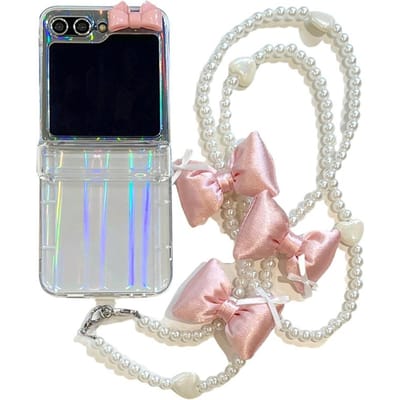 Voor Samsung Galaxy Z Flip 5 4 3 Z Flip5 ZFlip 5 ZFlip5 Hoes 3D Roze Strik Crossbody Ketting Schokbestendige Hoes Met Armband For Z Flip 4 black
