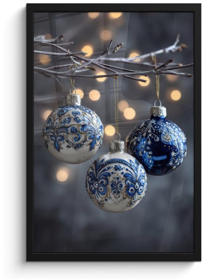 Poster in lijst - Fotolijst 40x60 cm - Posters - Kerstbal - Versierd - Blauw - Posterlijst zwart - Decoratie - Wanddecoratie woonkamer - Muurdecoratie slaapkamer - Kerstversiering - Kerstdecoratie voor binnen - Kerstmis