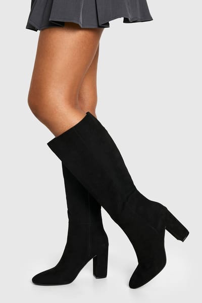 boohoo Dames Nep-suede kniehoge laarzen met hoge hakken | Black | Maat: 3