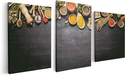 Artaza Canvas Schilderij Drieluik Indiase Kruiden Op Een Zwarte Tafel - 120x60 - Foto Op Canvas - Canvas Print