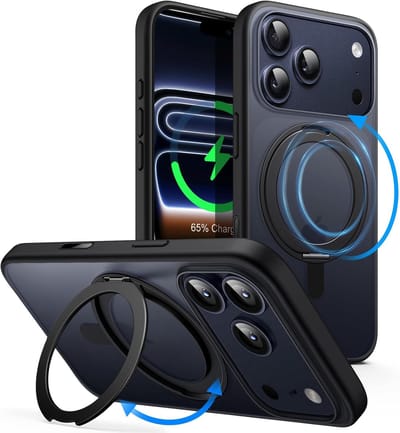 Reovo Hoesje geschikt voor iPhone 17 Pro MagSafe - 360° Draaibare Stand - Valbescherming 2m - Zwart - Anti-Slip Grip - Camera Bescherming