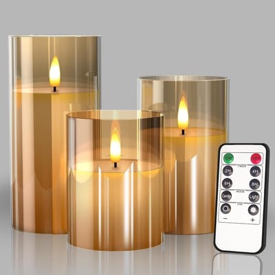 Glazen batterij-aangedreven LED-vlamloze kaarsen met afstandsbediening en timer, echte waskaarsen Warme kleur flikkerend licht voor festival Bruiloft Home Party Decor (Pack van 3)-Goud