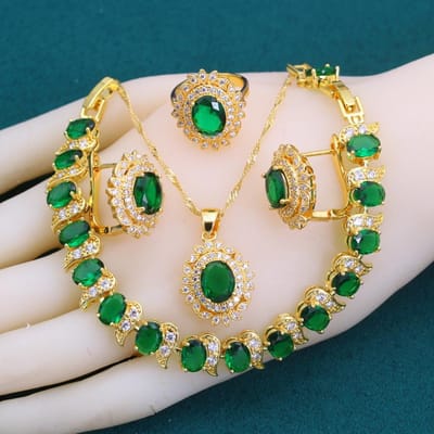 Nieuwe Groene Zirkonia Vergulde Sieradensets Voor Vrouwen Kristallen Oorbellen Ketting Verstelbare Ring Armband Bruiloftscadeau resizable beige