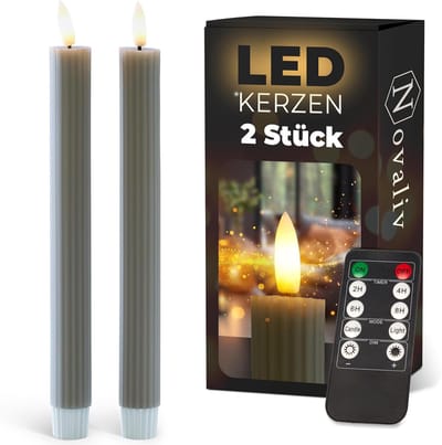 LED-kaarsen met timer TAUPE GRIJS 2-pack voor binnen met timerfunctie 6 uur ECHTE WAS geribbeld 23 cm hoogte voor kaarsen 2,2 cm diameter 2 AAA-batterijen LED-kaarsen flikkerende vlam bewegende vlam