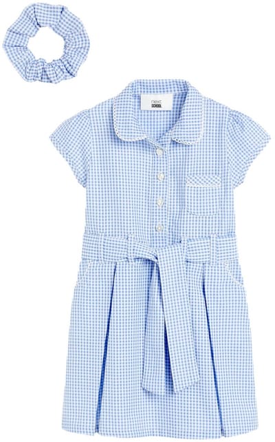 Next - Meisjes - Katoenrijke schooljurk met ceintuur en scrunchie - Blauw
