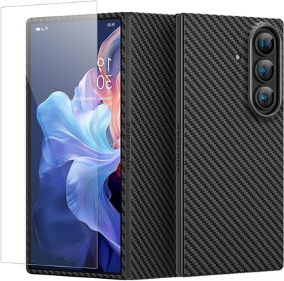 Aramidevezel Hoes voor Samsung Galaxy Z Fold 7 met Voorste Gehard Glas Screen Protector, Ultra Dun en Minimalistisch Carbon Fiber Design, Zwart