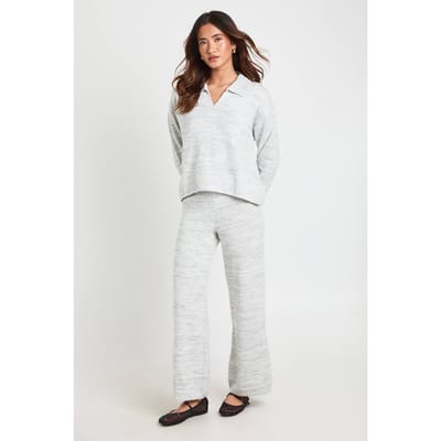 boohoo Dames Petite Superzacht Gebreid V-hals Trui Met Kraag En Rechte Pijpen Broek Co-ord Set | Grey | Maat: XS
