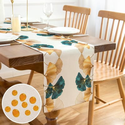 Tafelloper, lente, modern, woonkamer, tafelloper, turquoise, goud, groen, ginkgo biloba, patroon, polyester, groen, tafelloper, keuken, eettafel, decoratie voor party, diner, commode, 33 x 183 cm