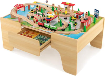 COSTWAY Spoorwegset voor kinderen, 84-delig, speeltafel van hout met omkeerbaar en afneembaar tafelblad en lade, houten spoorbaan, treinspeelgoed voor kinderen vanaf 3 jaar