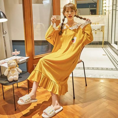 Pyjamajurk Dames Nieuw Lente en Herfst Prinsessenstijl Puur Katoen Lange Mouwen Pyjamajurk Pyjama Huispak 3XL yellow