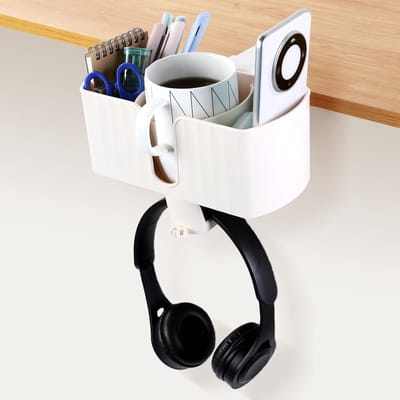 Hoofdtelefoonhouder met bekerhouder en 360° draaibare hanger voor bureau, ideaal voor headset, koptelefoon en smartphone