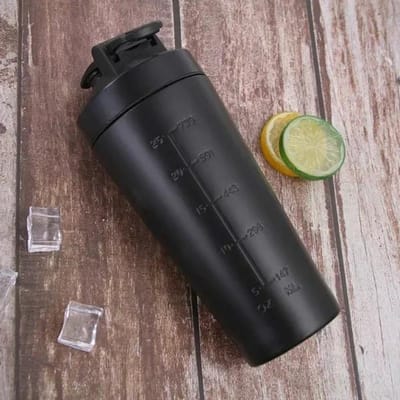 Shaker à protéines en acier inoxydable, portable, pour le sport, le fitness, la nutrition, les bouteilles d'eau 750ML noir