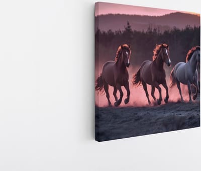 Saammp Canvas Schilderij - Paarden in zonsondergang - Natuur - Dieren - 20x20 - Foto op canvas - Wanddecoratie - Muurdecoratie Woonkamer - Slaapkamer decoratie - Canvas Print