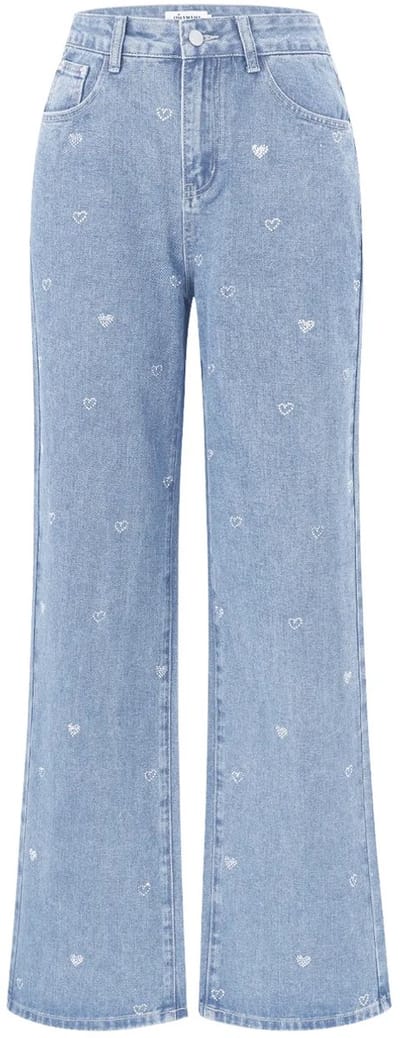 Modieuze Rechte Katoenen Vrouwenjeans met Hartjesborduursel - Lichtblauw - Maat XS
