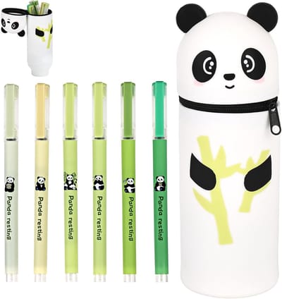 Schattige Panda Pennenzak met 6 Balpennen en Silicone Stand, Ideaal voor School en Kantoor, Zwart-Wit Design