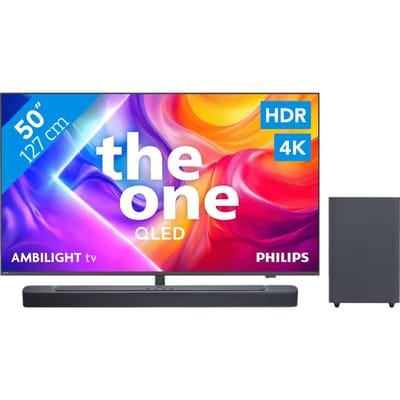 Philips Ambilight 50" PUS9000 QLED 4K (2025) + JBL Bar 2.1 Deep Bass MK2 Zwart