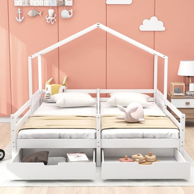 KOMHTOM Kinderbed Kajuitbed 200x90 cm voor huishoudelijk gebruik 2 laden met wielen Wit houten lattenbodem