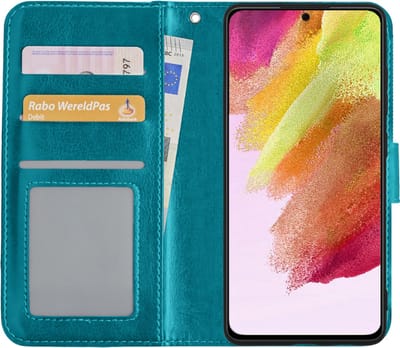 Hoesje - Met Pasjeshouder - Geschikt voor Samsung Galaxy S21 FE - Luxe Bookcase Portemonee - Flip Case - Kunstleer Book Case - Flipcase - Book Cover - Walletcase - Portemonneehoes - Turquoise