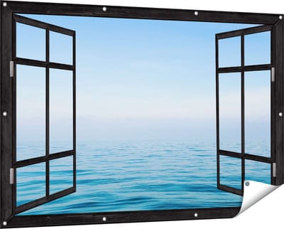 Gards Tuinposter Doorkijk Zee met een Blauw Hemel Achtergrond - 150x100 cm - Tuindoek - Tuindecoratie - Wanddecoratie buiten - Tuinschilderij