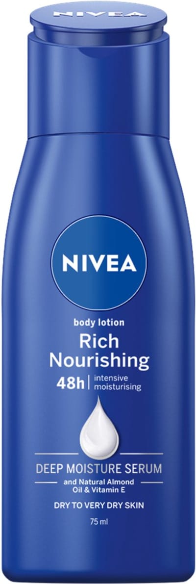 NIVEA Verzorgende Body Milk - met Hyaluronzuur Zachte Amandel Olie en Voedend serum - met 72 Uur Hydratatie - Voor Droge tot Zeer Droge Huid - 6 x 75 ml