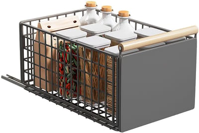 Lemlit Uitschuifbare Keukenkast Organizer - Telescoop Schuiflade Met Houten Handgreep - 39,5x23,5x19,5 cm - Keuken Badkamer Opbergruimte - Grijs