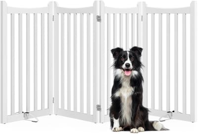 Yaheetech Afsluitrooster voor honden, h x b: 90,5 x 201,5 cm, hondenhek woning met 2 steunpoten, opvouwbaar beschermingsrooster, traphek, afsluitrooster voor keuken/hal/open haard/oven, 4 panelen, wit
