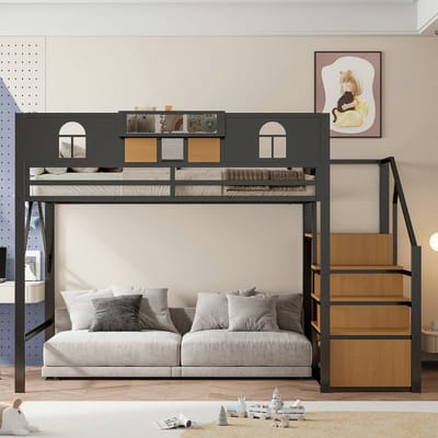 VVBV Ruimtebesparende Hoogslaper 140x200 cm - Opbergruimte, Opbergtrap, Huisdesign, Planken - Hout/Metaal Zwart