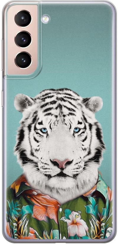 Leuke Telefoonhoesjes - Hoesje geschikt voor Samsung Galaxy S21 - Witte tijger - Soft case - TPU - Print / Illustratie - Blauw