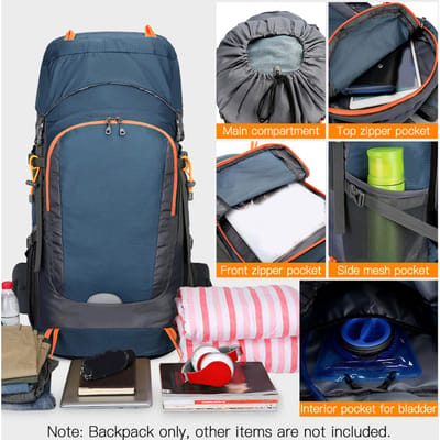 Sac à dos de randonnée 65L résistant à l'eau avec housse de pluie Sac à dos de jour pour sports de plein air, voyage, camping, escalade, alpinisme bleu foncé